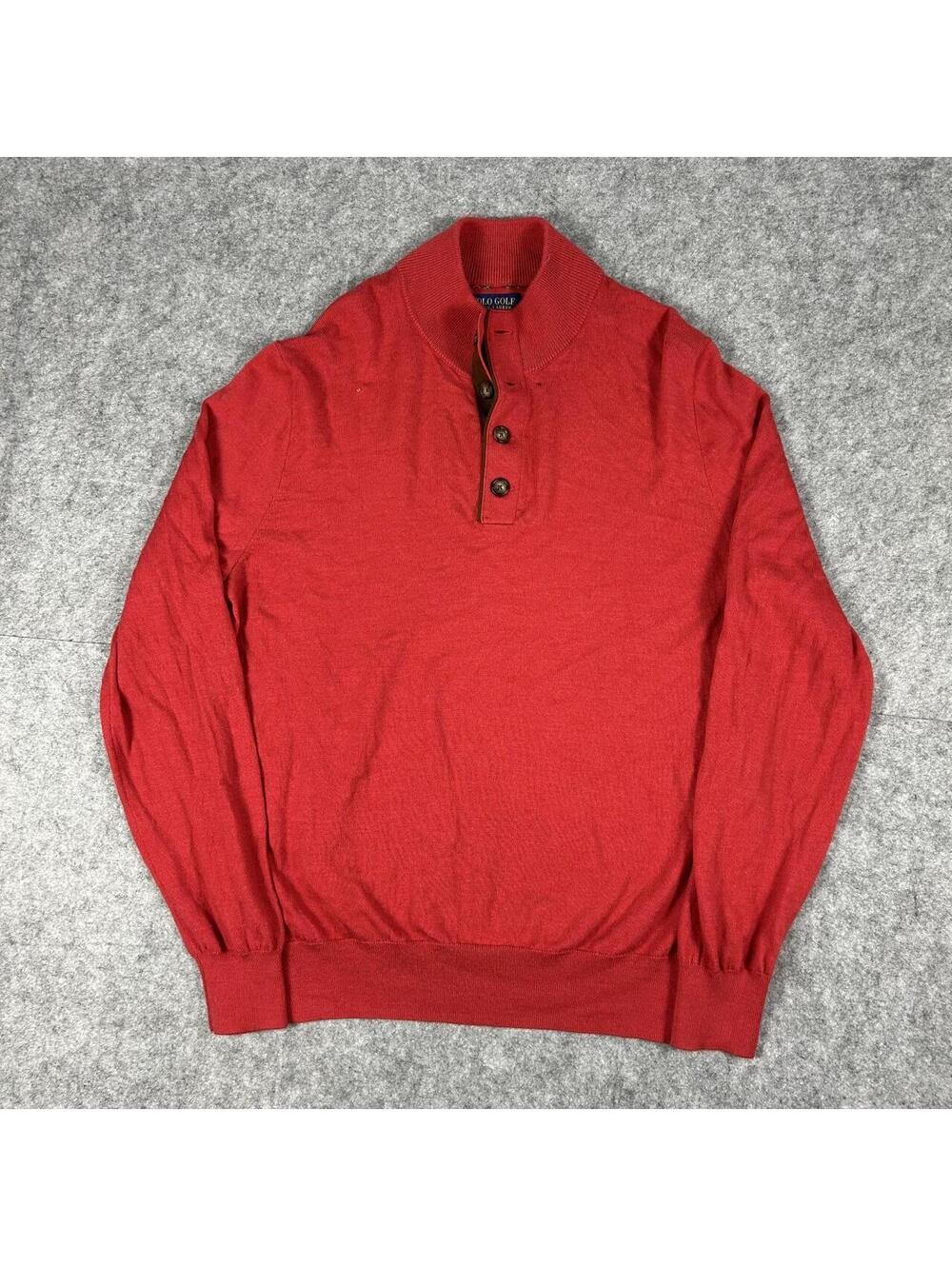 Polo Ralph Lauren Red Polo Golf Merino Wool Button Jumper Sweater Size Large